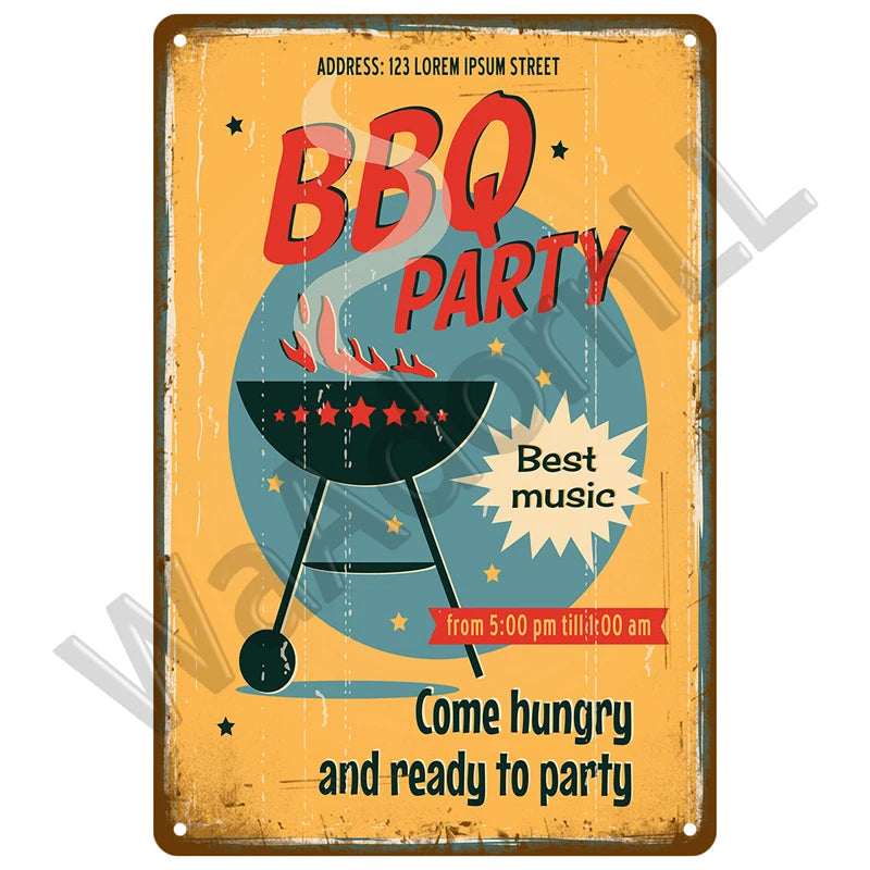 A vintage-style metal sign advertising a BBQ party with text like BBQ PARTY and Best music.