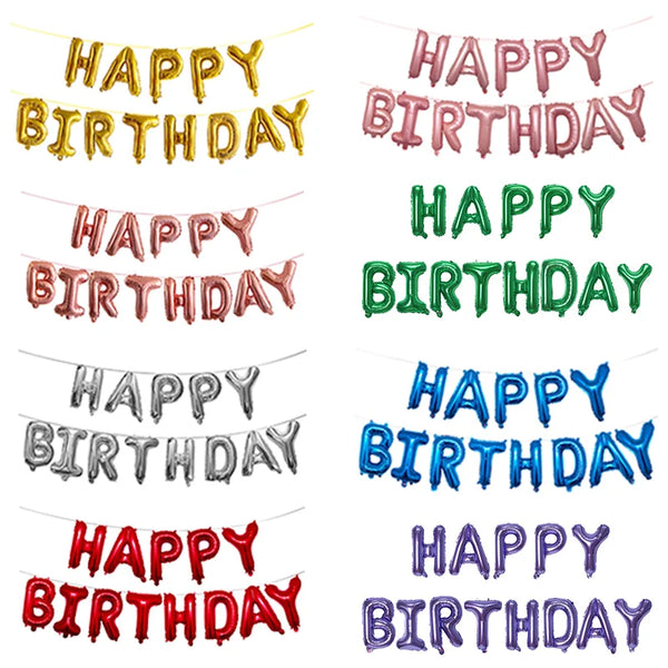 A collection of foil balloons in rose gold, pink, green, and blue colors spelling out Happy Birthday.