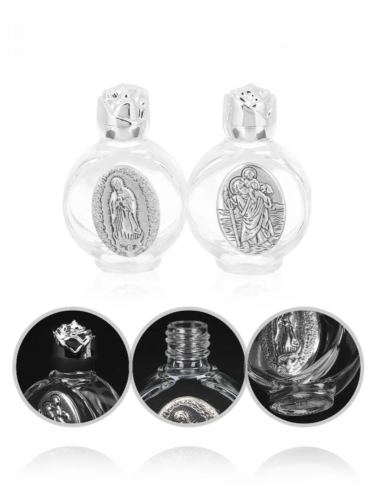 Pair of decorative glass bottles with figurines and twist caps