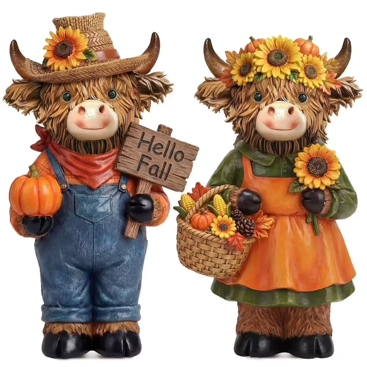 A set of two rustic wooden Highland cow figurines decorated with pumpkins and autumn foliage.