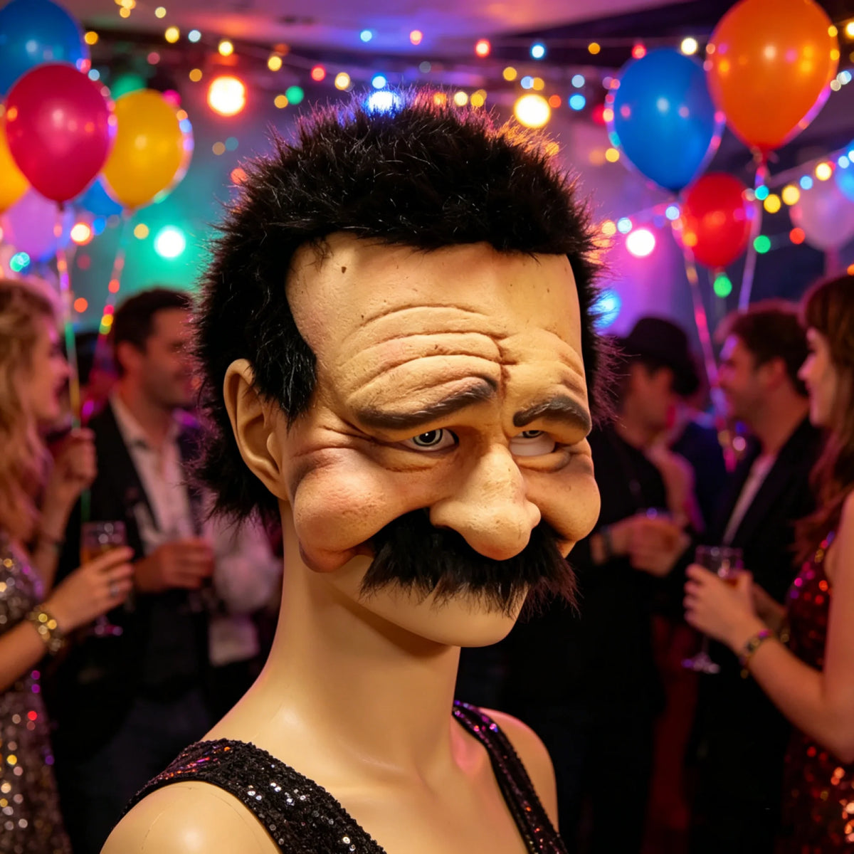 A close-up of a realistic old man horror mask with painted features and a mustache, displayed at an event.