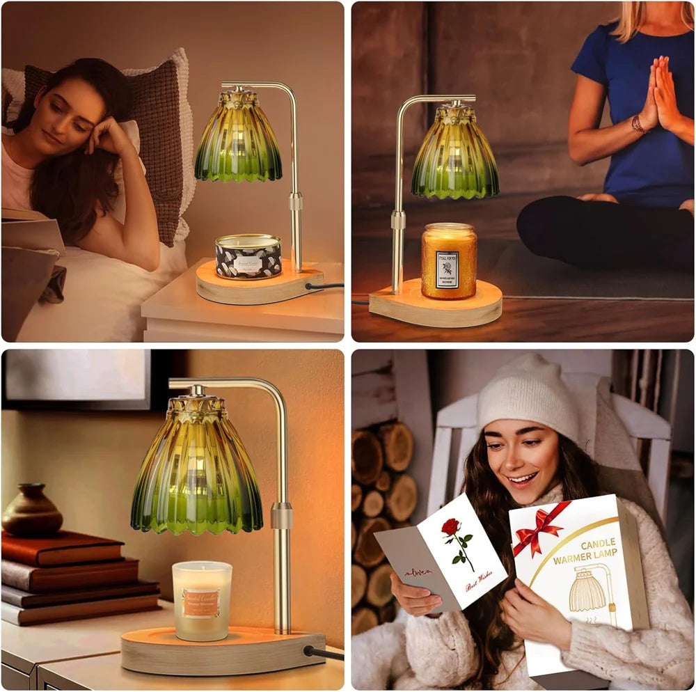 A close-up of an adjustable candle warmer lamp with a glass shade and light, sitting on a wooden base.