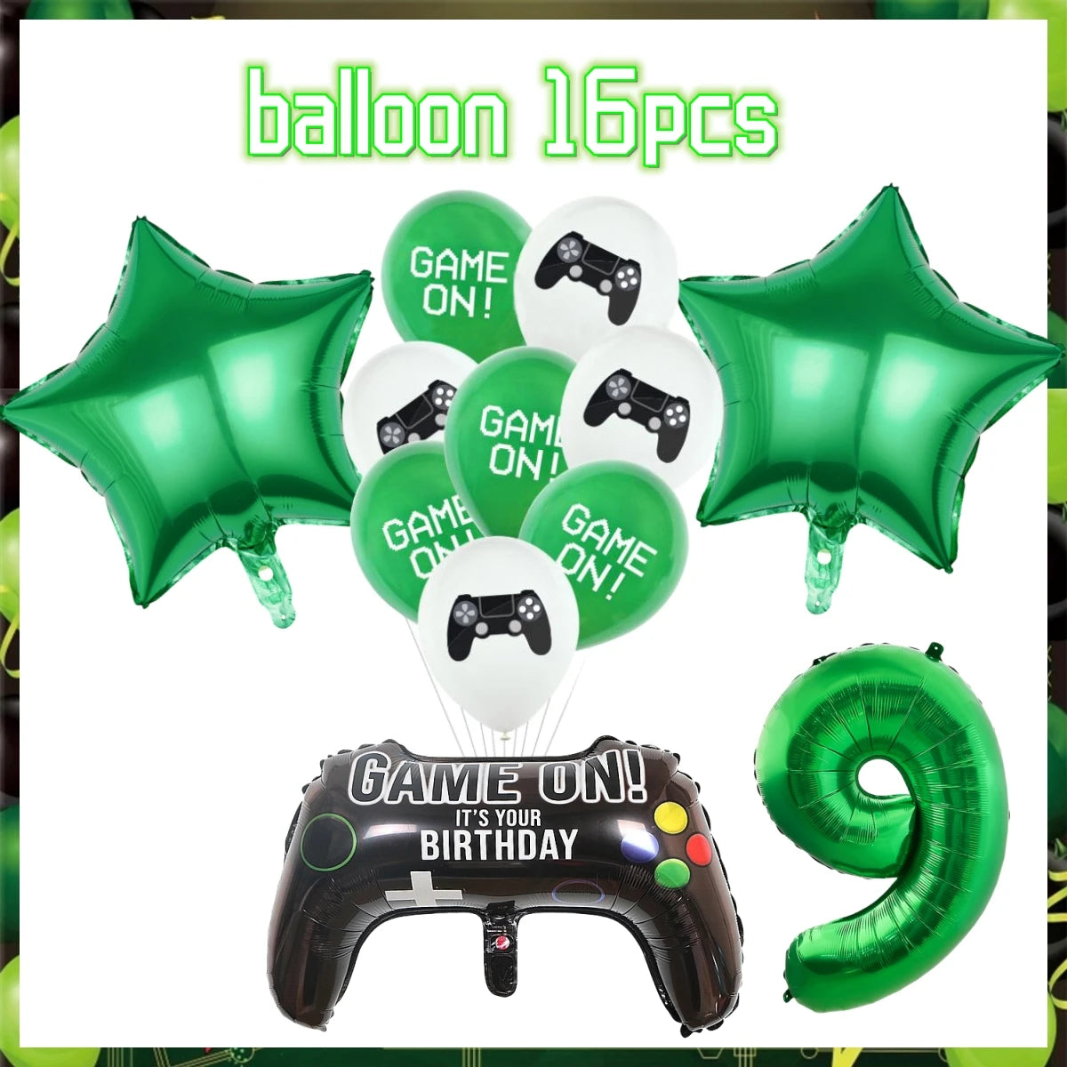 Green Video Game Birthday Party Supplies Kit with Gamepad Balloons