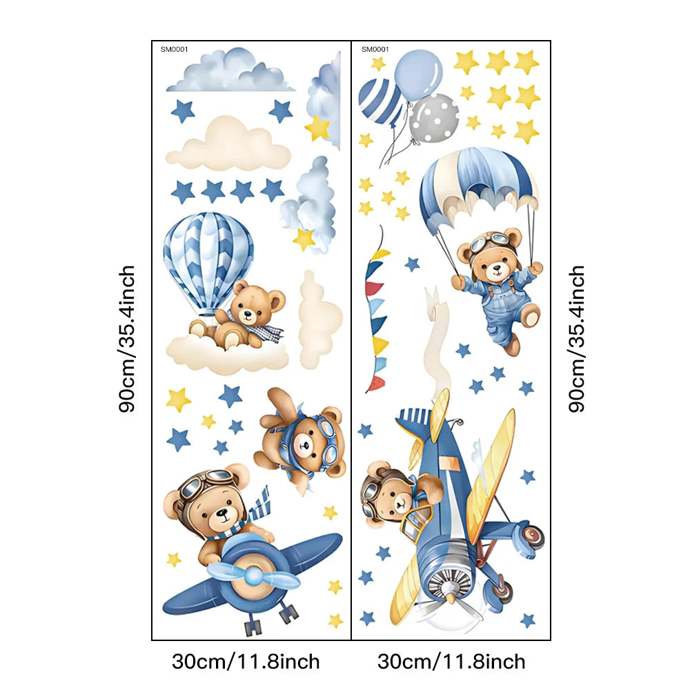 Wall stickers featuring teddy bear pilots in various airplanes and a parachute against a starry sky background