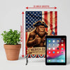A patriotic garden and house flag featuring a bear with a thumbs up and the text MERICA EST 1776-2026
