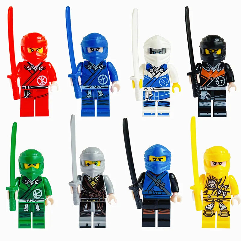 A collection of eight Golden Ninja building block figures in various colors and outfits.
