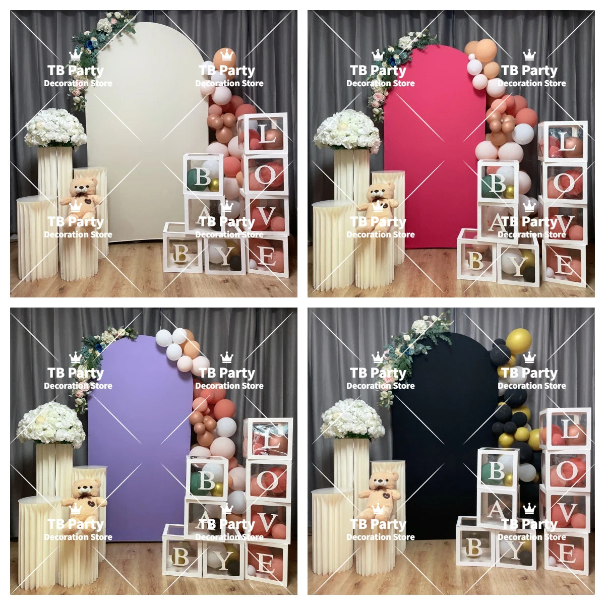 Decoración de arco de fondo elástico personalizable con globos rosa y dorado y bloques de madera para eventos