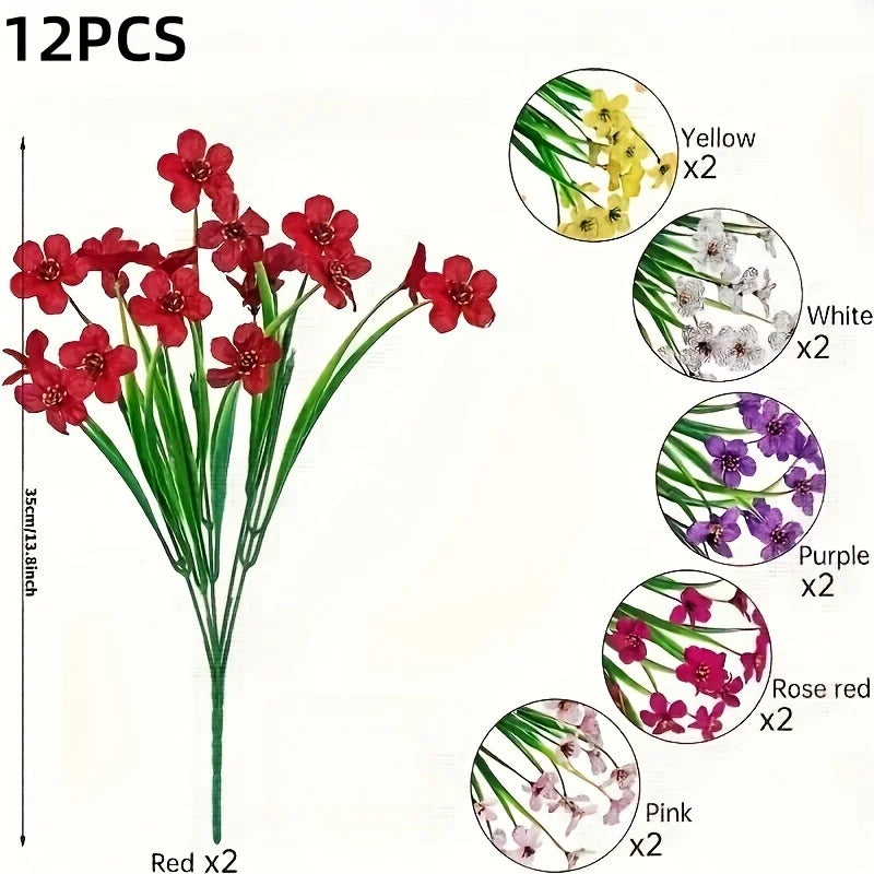 A set of 12 artificial flowers including red, yellow, white, purple, rose red, and pink flowers.