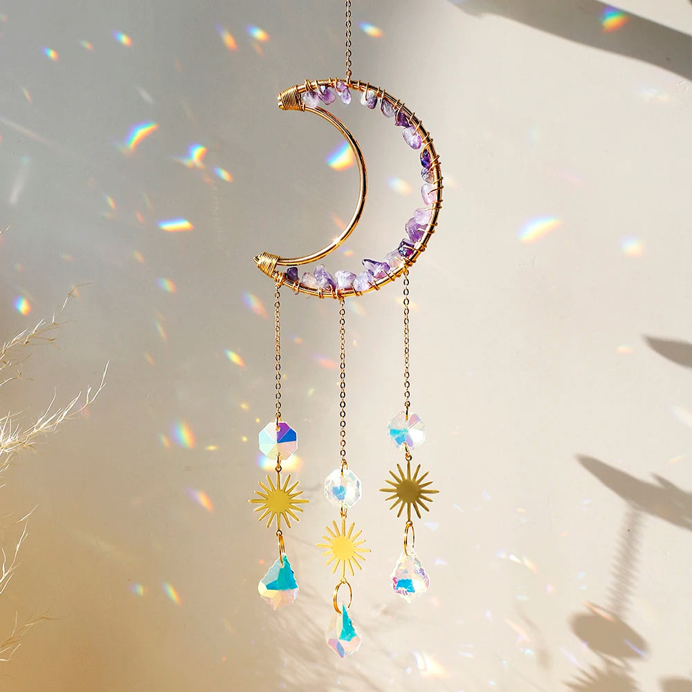 Gold crescent moon dreamcatcher with purple crystals and hanging sun catchers
