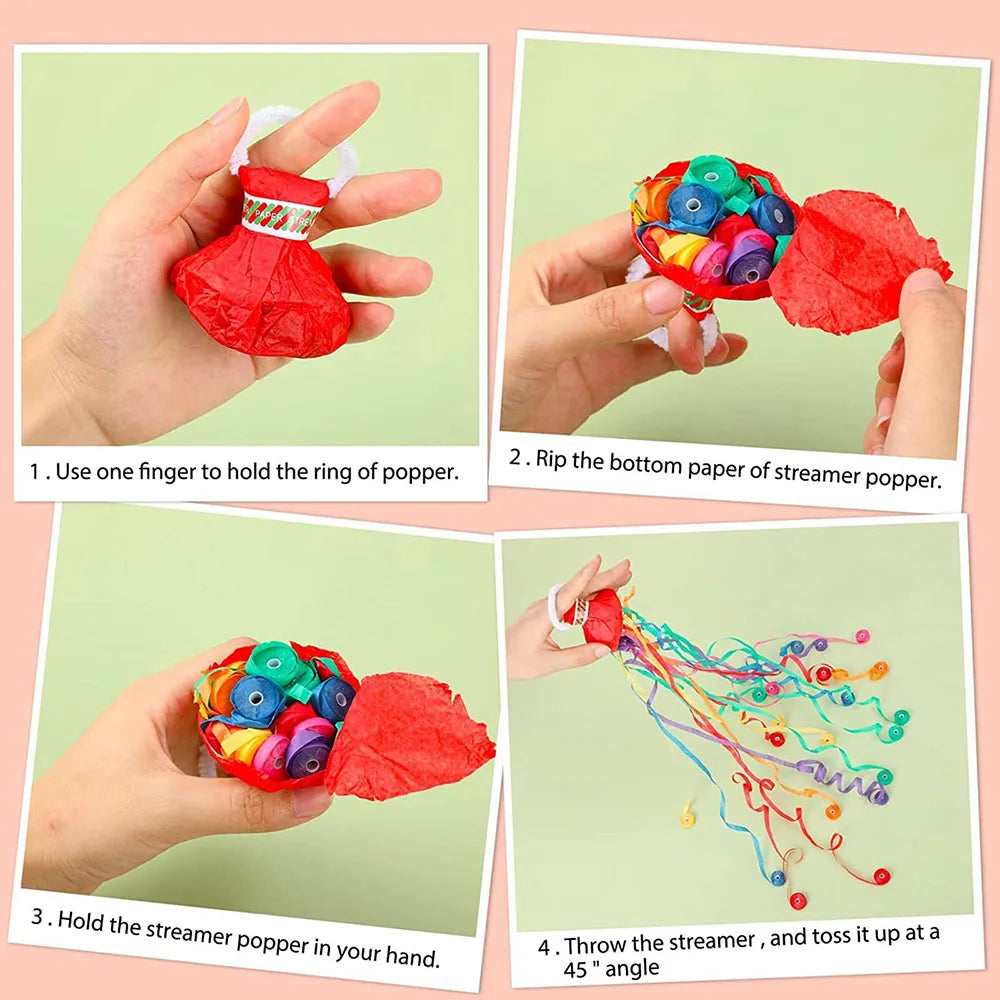 Instructions showing how to rip the bottom paper of a streamer popper and throw the streamer.