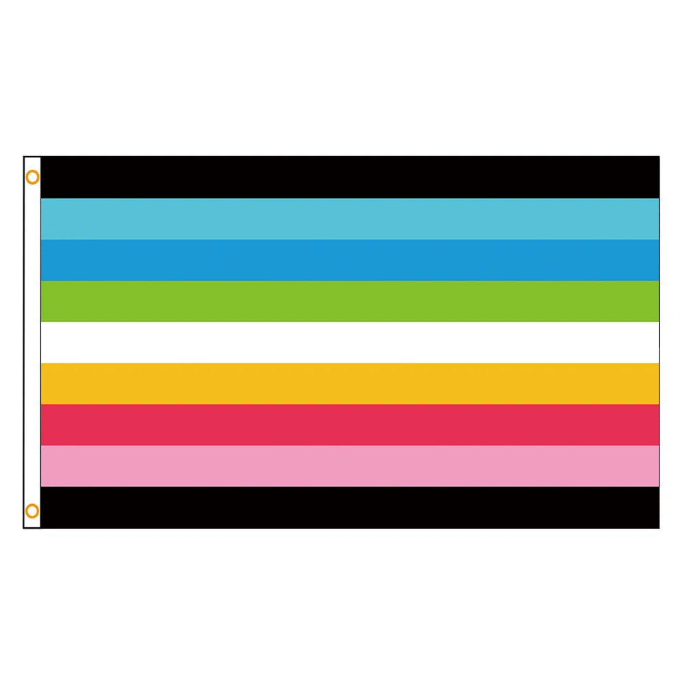 A horizontal striped flag featuring blue, green, yellow, orange, and pink bands on a black background.