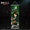 A vertical silk wall hanging featuring artwork from Attack on Titan, depicting a character in a dark cloak and armor.