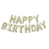 A set of white letter balloons spelling out Happy Birthday for party decoration.