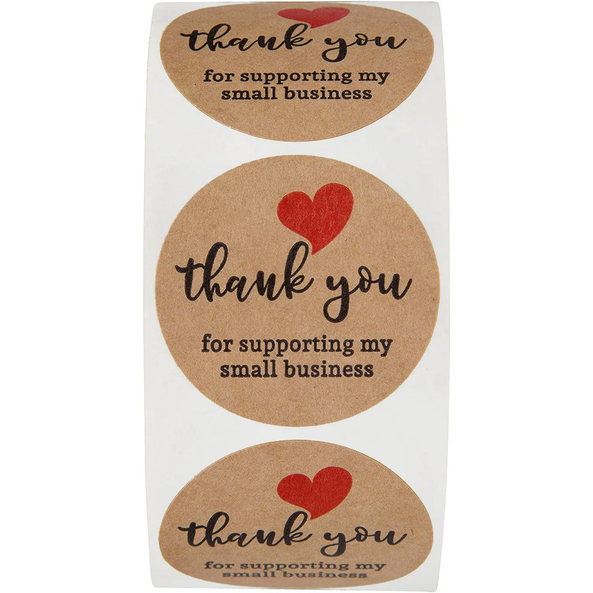 Three round kraft paper thank you stickers with red hearts and text for supporting a small business