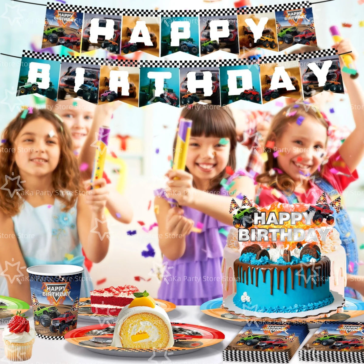 A colorful birthday party decoration kit featuring monster truck themes, tableware, and a backdrop with children celebrating.