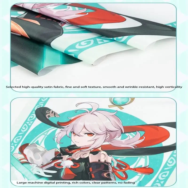 A close-up of a fabric featuring an anime character design with red and black elements.