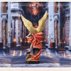 A resin figurine of the Saint Michael Archangel with golden wings standing in a grand, ornate hall.