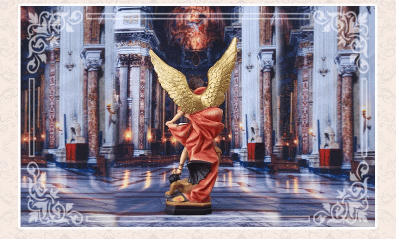 A resin figurine of the Saint Michael Archangel with golden wings standing in a grand, ornate hall.