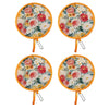 Four images of a floral foldable pocket fan with a wooden handle and fabric petals.