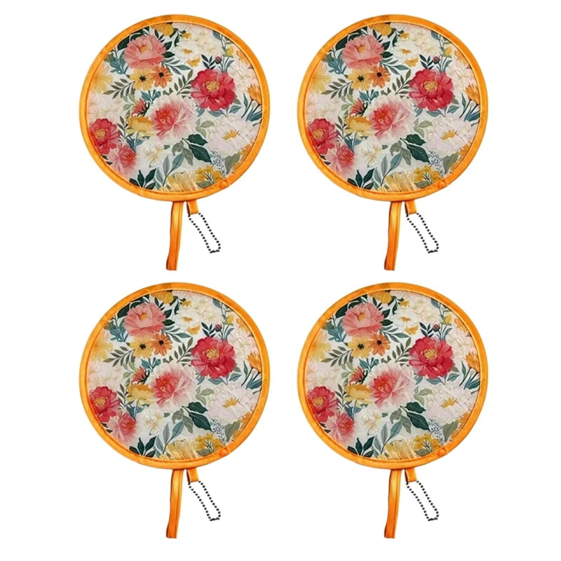 Four images of a floral foldable pocket fan with a wooden handle and fabric petals.