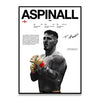 A black and white poster featuring the name ASPINALL and TOM with a red plus sign and a boxing fighter.
