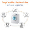 A white washing machine is shown with surrounding icons detailing its features like temperature settings and cycle options.
