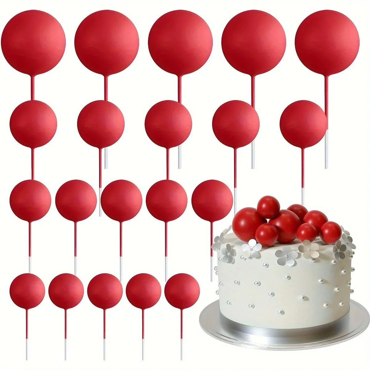 A collection of red foam ball cake toppers on sticks, displayed next to a white frosted cake.