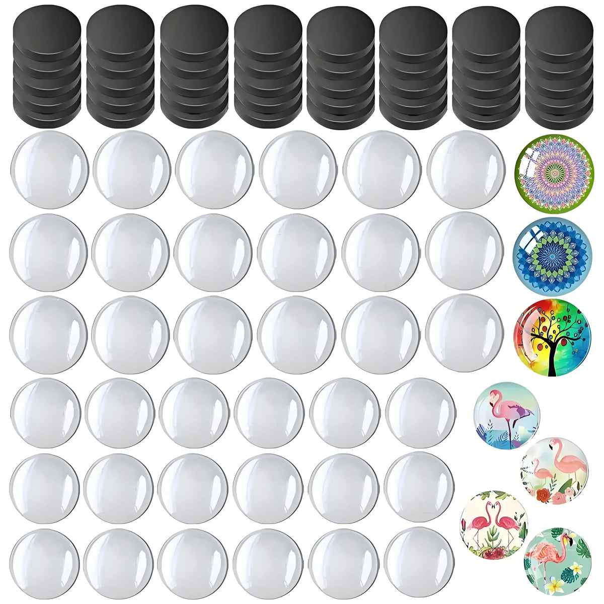 A collection of round decorative refrigerator magnets in various colors and patterns for custom crafts