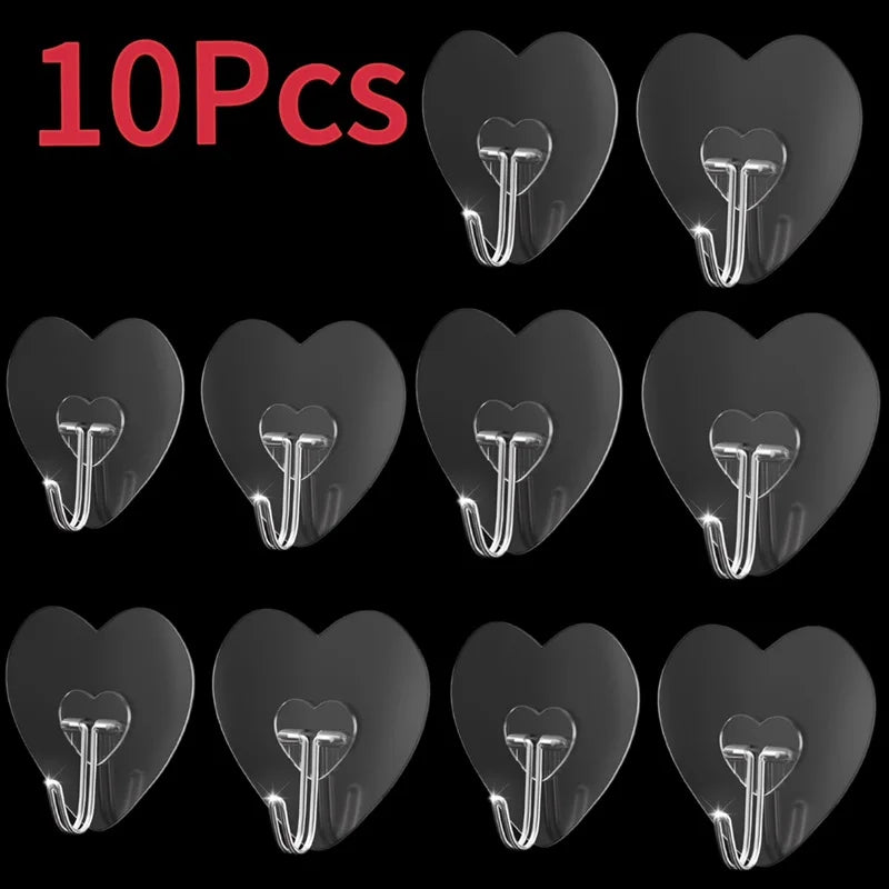 A set of ten transparent self-adhesive hooks with J-shaped grips shown in various angles.