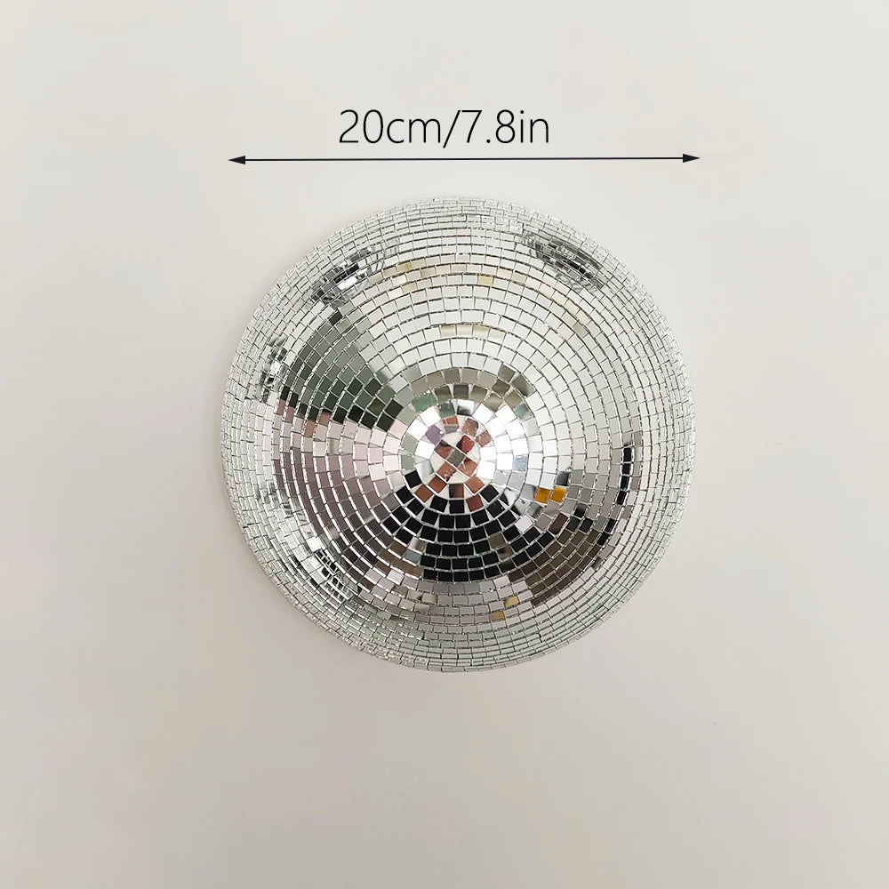 Silver mosaic disco ball wall decor measuring 20cm or 7.8 inches.