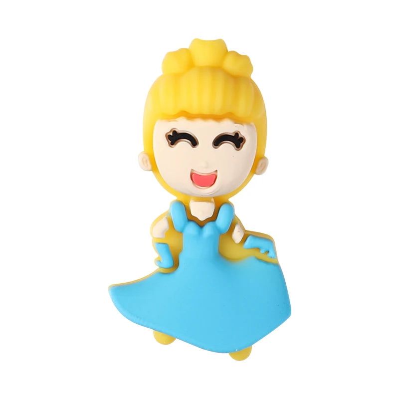 A yellow silicone plant bead shaped like a smiling girl with blonde hair and a blue skirt.