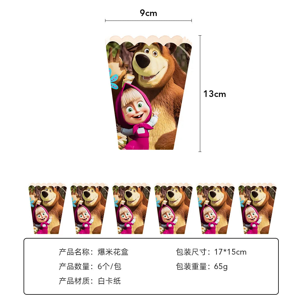 A set of party decor featuring Masha and Bear characters, including a large bear and a small girl.