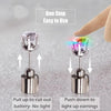 A pair of silver stud earrings with a light-up feature demonstrating the process of turning on the lights.