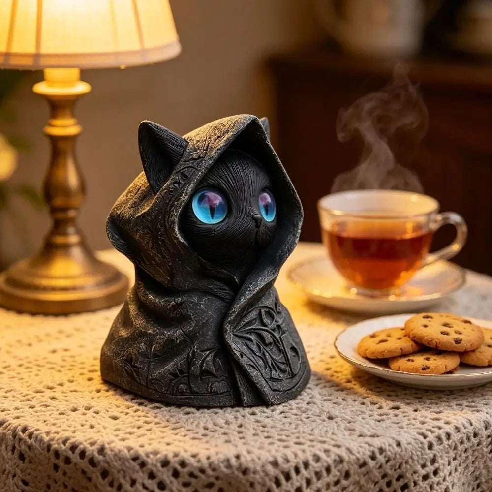 A dark gray, hooded cat statue with glowing blue eyes sits on a lace tablecloth next to a lamp.