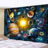 A vibrant space tapestry featuring various planets, stars, and nebulae against a dark blue background.