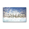 A dynamic painting of several white horses galloping across a bright blue sky with clouds.