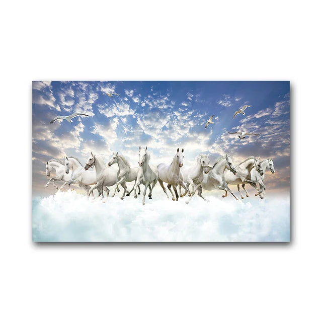 A dynamic painting of several white horses galloping across a bright blue sky with clouds.