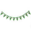 A string of green triangular cake toppers featuring soccer balls for birthday parties