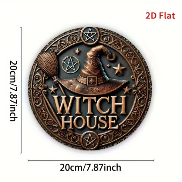 2D flat vintage witch house metal wall decor sign featuring a witch hat and star design