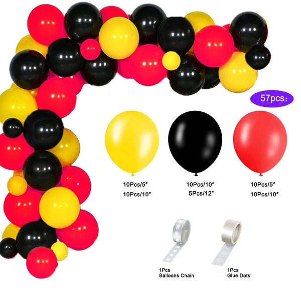 A kit for a balloon garland featuring red, yellow, and black balloons with glue dots and a balloon chain.
