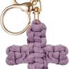 A purple woven cross keychain with a gold-toned metal clasp and ring.