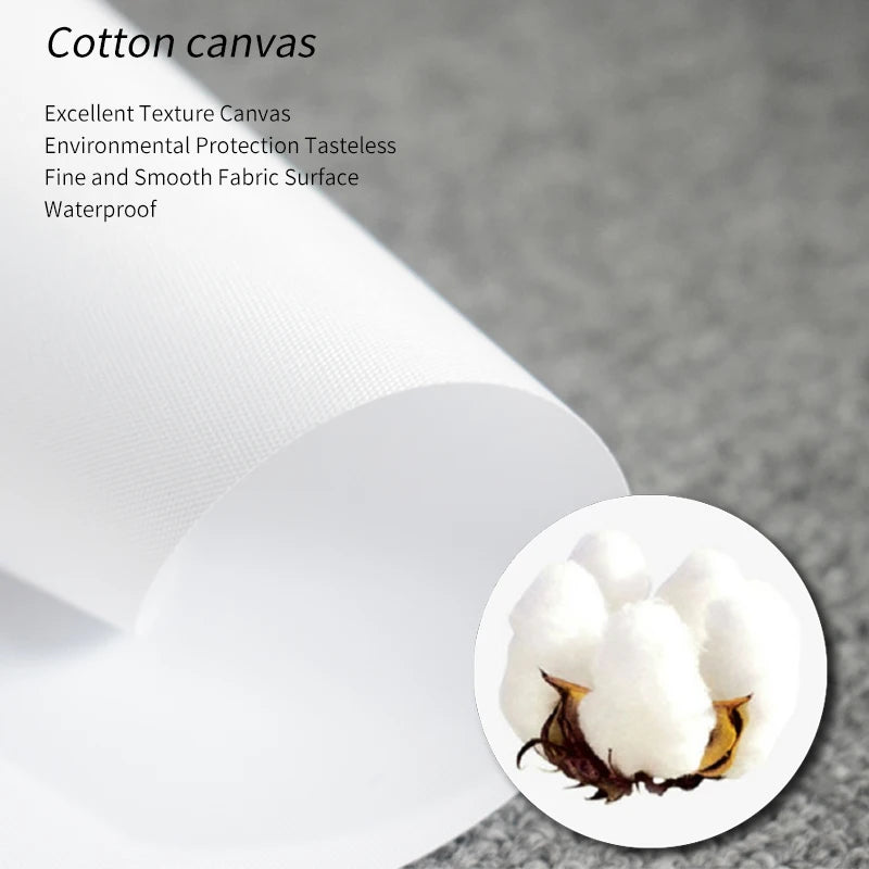 A close-up view of white cotton canvas material with visible fibers and a small piece of dark fabric.