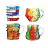 A set of hand-painted book design mugs in various colors and geometric patterns.