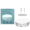 A white 360° rotating display stand for jewelry and items with USB charging cables.