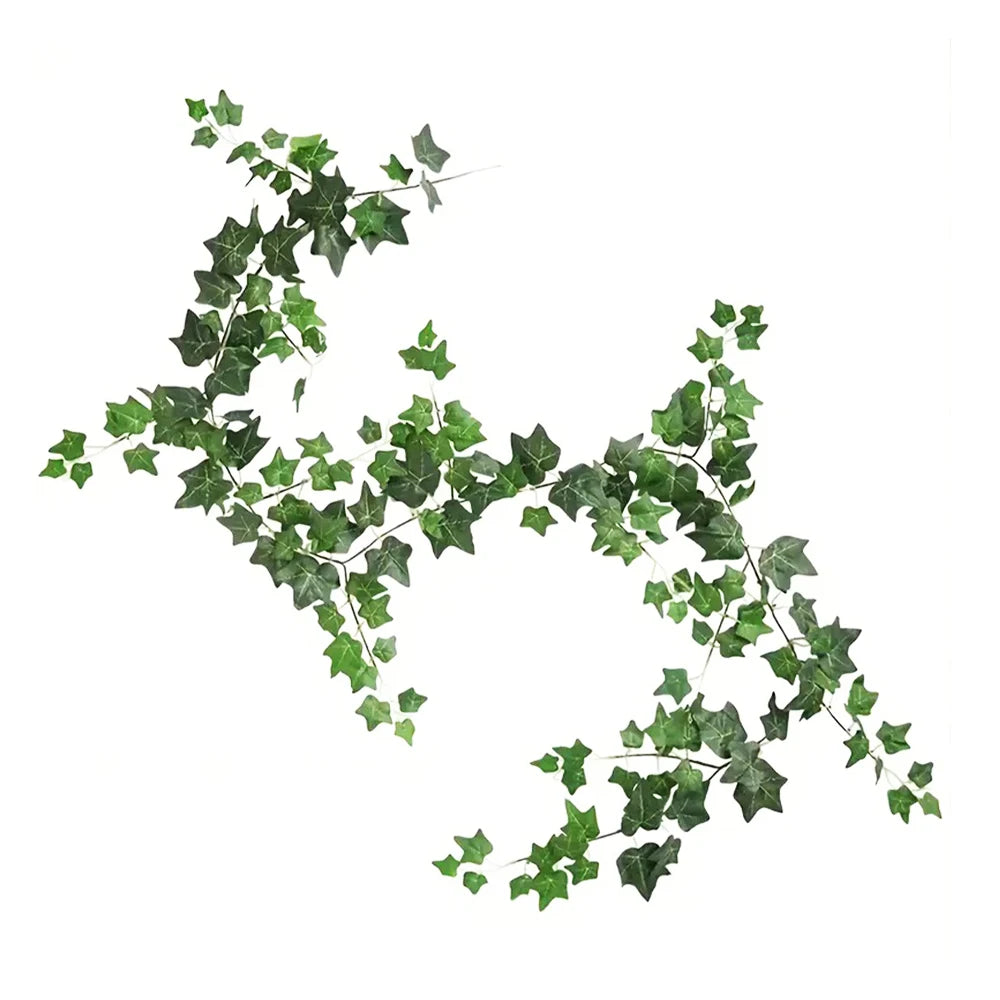 Green artificial ivy garland with variegated leaves used for home decor