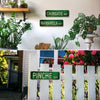 Three vintage humorous lowrider metal tin signs on a white wall with green foliage.