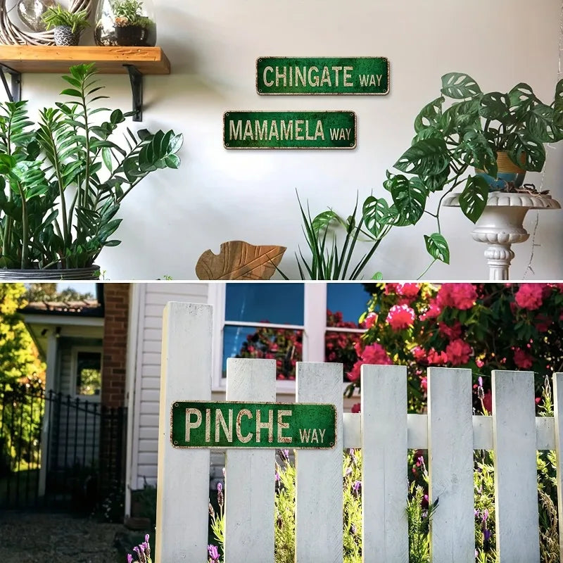 Three vintage humorous lowrider metal tin signs on a white wall with green foliage.
