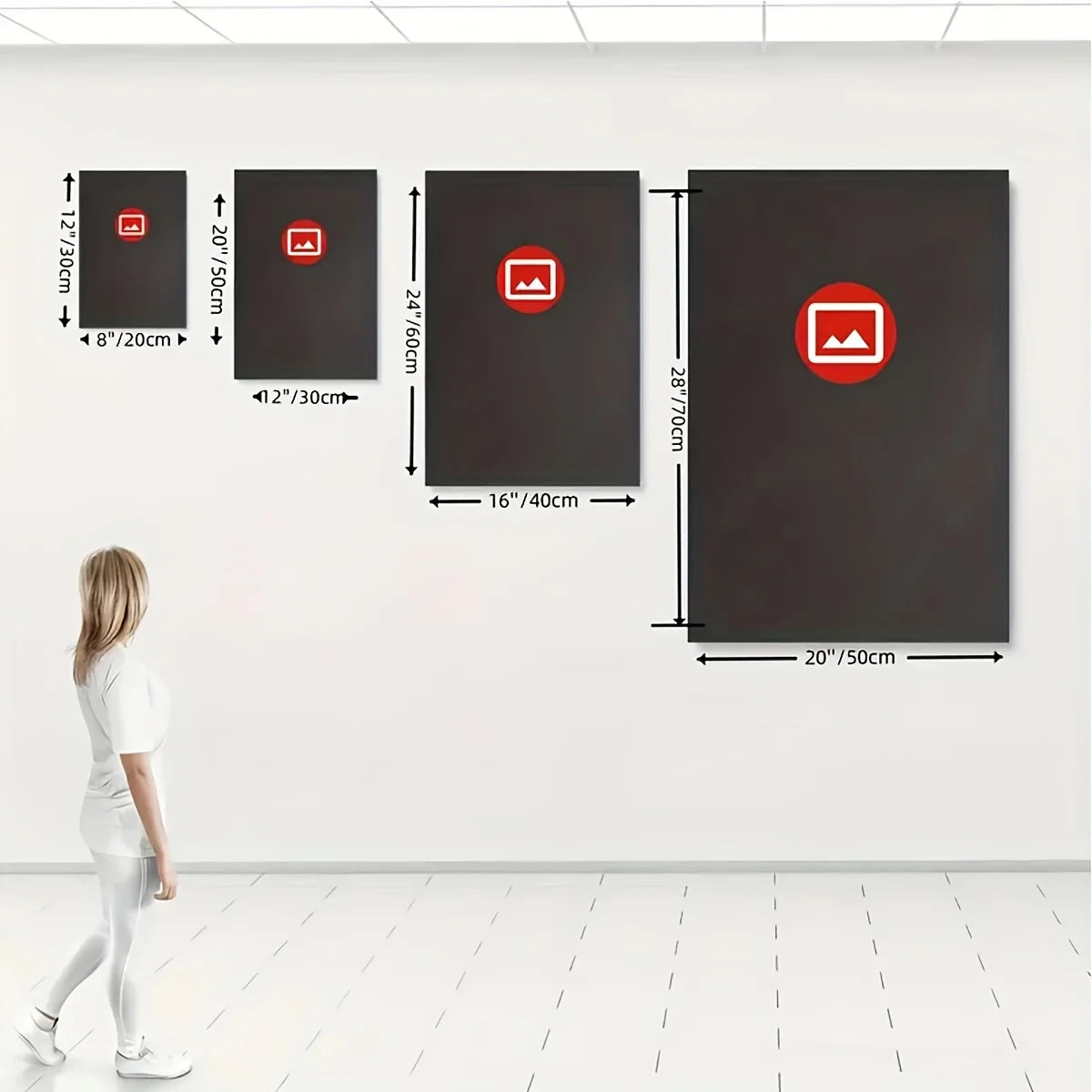 A set of modern 3D floral canvas wall art pieces displayed on a white wall with dimension lines.