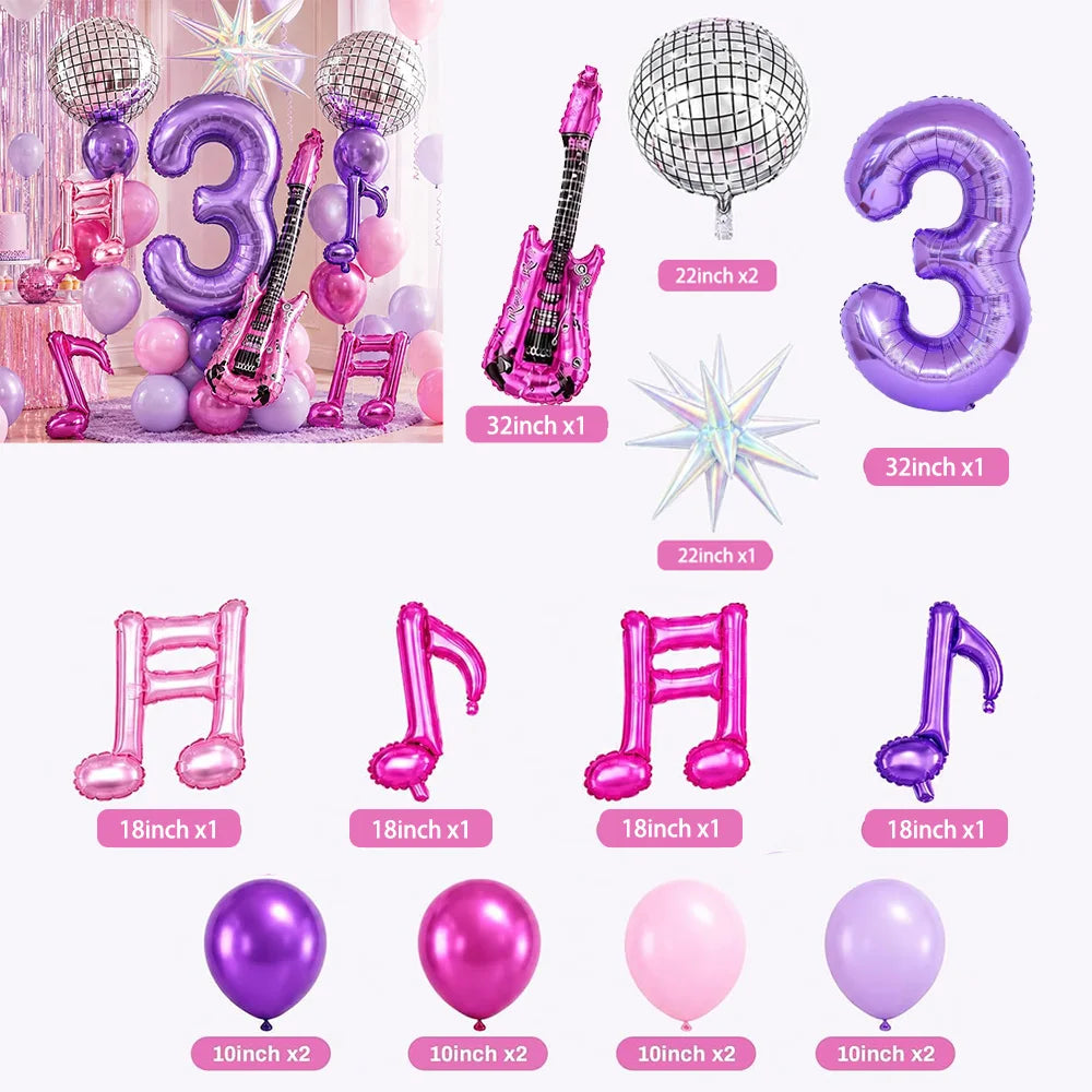 A set of purple music theme birthday party decorations including balloons, letters, and musical instruments.