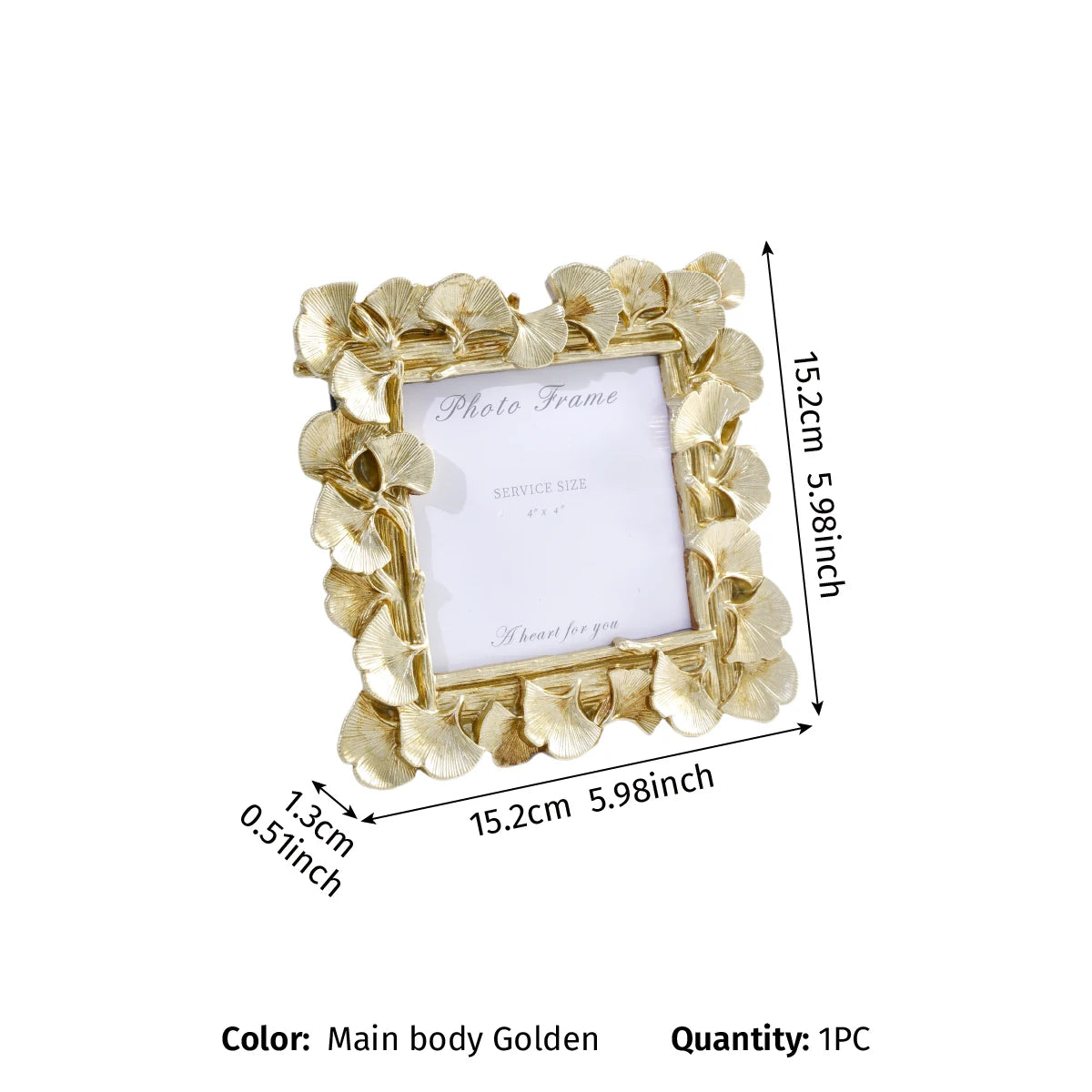 Golden resin picture frame with a leaf design and gold border